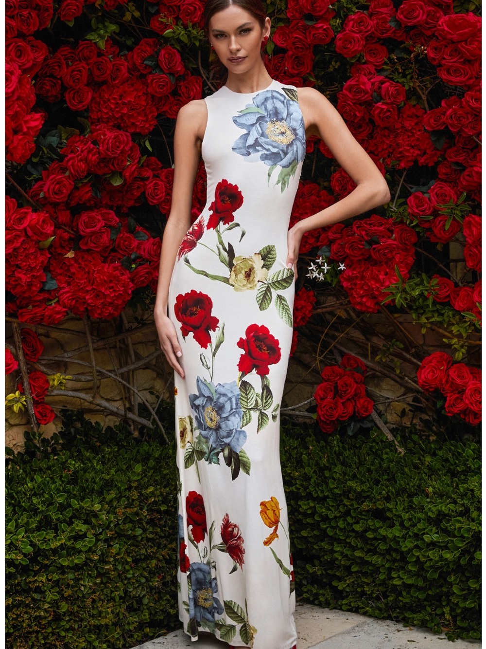 Alice + Olivia White Delora Maxi Dress with Red, Blue and Green Floral Print